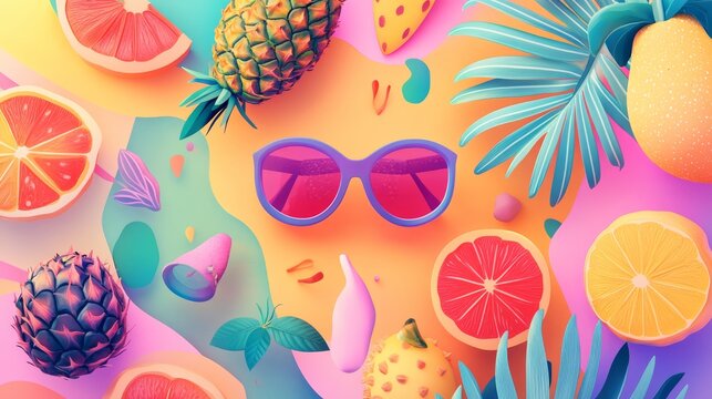 111.Colorful tropical illustration featuring stylized fruit, beach accessories, and palm details, arranged with soft gradients and dynamic shapes to evoke a cheerful summertime atmosphere.