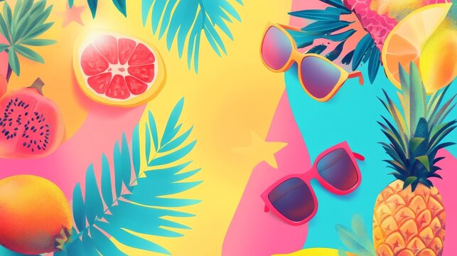 111.Colorful tropical illustration featuring stylized fruit, beach accessories, and palm details, arranged with soft gradients and dynamic shapes to evoke a cheerful summertime atmosphere.