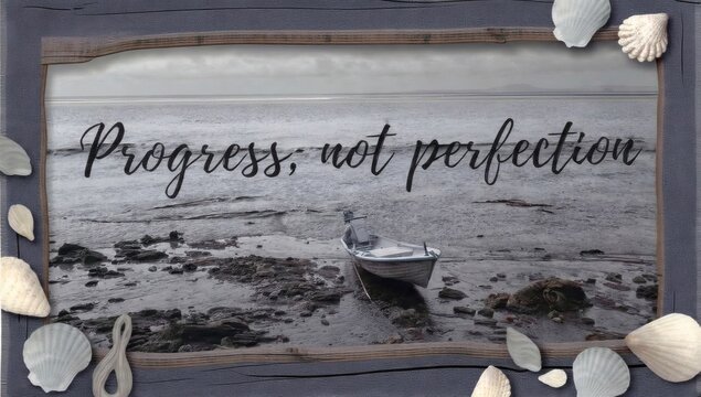 A dark wooden frame surrounds an inspirational quote reading "Progress; not perfection," overlaid on a seascape image. The background features a small boat on rocky shores beside a calm sea