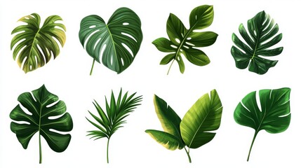 Obraz premium 118.Stylized yet realistic tropical leaf assortment, varied shapes and sizes, smooth gradients and lifelike shadows, featuring Calathea waves, Monstera patterns and elegant palm lines, presented