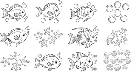 Obraz premium Underwater fish and starfish line art set with bubbles seashells marine outline vector illustration collection