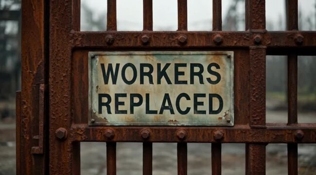 Rusty old gate with a weathered sign declaring 'Workers Replaced' symbolizing job loss.