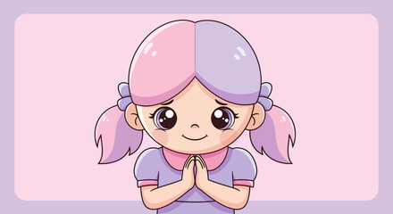 Fototapeta premium Cute Anime Girl Praying with Hands Together, Pink and Purple Hair, Big Eyes, Kawaii Style