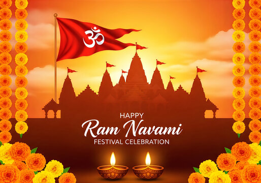 Beautiful illustration of happy ram navami festival celebration with temple silhouette and flowers