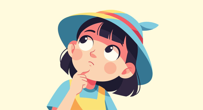 Curious little girl in a hat thinking, with finger on chin, looking up