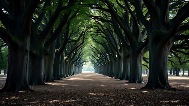 accuser. Avenue of ancient oak trees with a carpet of fallen leaves, dappled sunlight filtering through the canopy. travel magazines, destination branding, designed for travel destination branding.