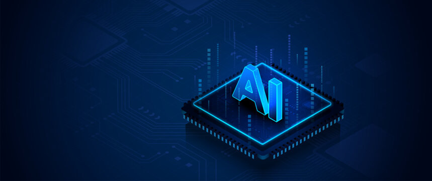 Artificial intelligence AI text on computer microchip with blue digital circuit background