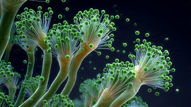 Computer-Generated Microscopic Cluster of Green-Yellow Filaments, Bulbs, Spheres, Alga, Fungi on Black Background