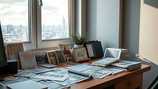 secant. A desk with international stamps and postcards, a city skyline visible through a window in afternoon light. tourism brochures, itinerary planners, designed for travel destination branding.