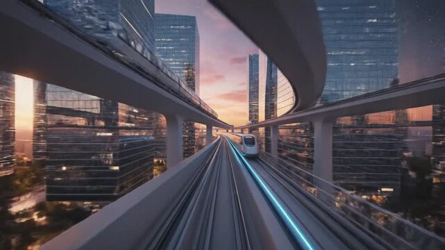 Futuristic Monorail Train Traveling Through Modern Cityscape at Sunset