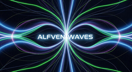 Alfven waves concept with glowing colorful neon lines on dark background representing plasma physics and magnetic field phenomenon
