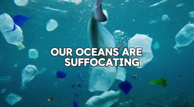 Distressed fish struggles to breathe amidst overwhelming plastic pollution highlighting the ocean's suffocation