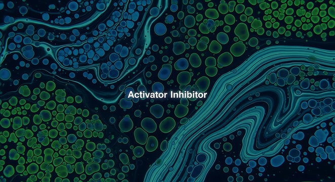 Blue and green fluid art pattern with Activator Inhibitor text on dark background  abstract design with bubbles and swirling colors