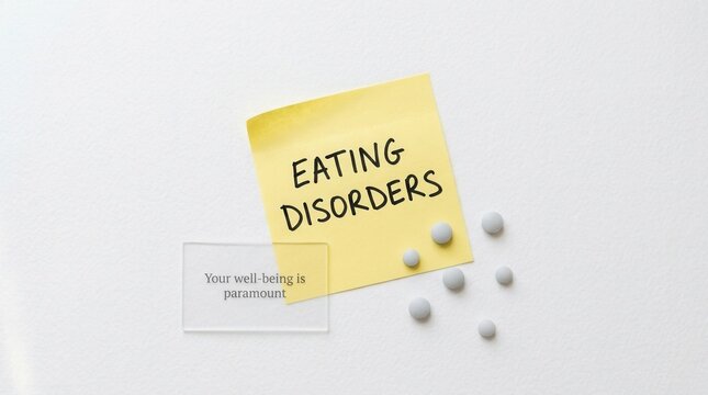 Bright yellow sticky note with 'Eating Disorders' message and 'Your well-being is paramount' text, a vital reminder for health and support
