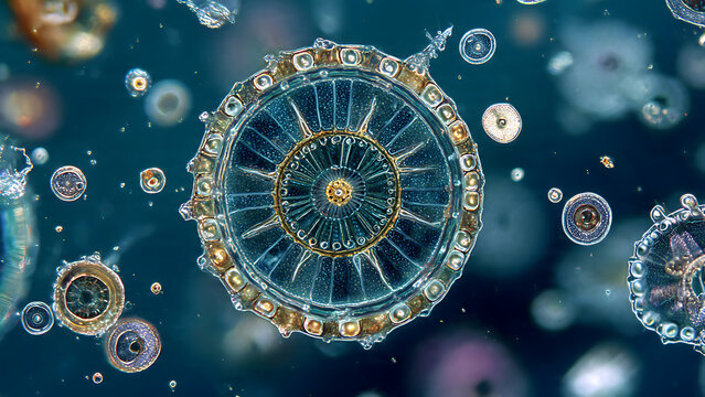 Golden-Centered Diatom with Radiating Lines Suspended in Deep Blue, Scientific Microscopic Illustration of Microscopic Life