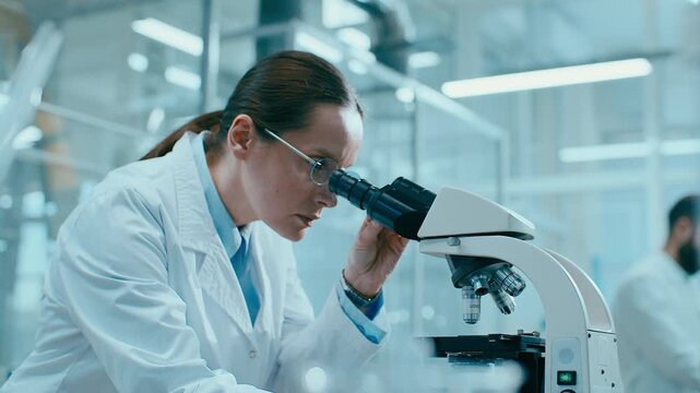 Experienced female scientist observing specimen under microscope in modern laboratory, conducting scientific research as her male colleague sitting in background. Zoom in shot