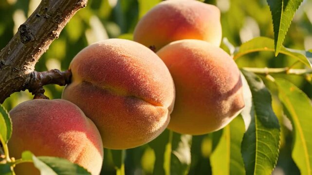 Cluster of Ripe Peaches Ripening on a Branch Amidst Green Leaves in Sunlight