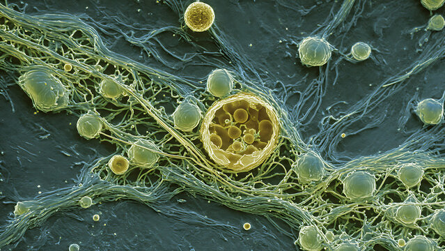 Microscopic View of Eukaryotic Cell with CentralStructure, Filaments, Vesicles in Scanning Electron Micrograph