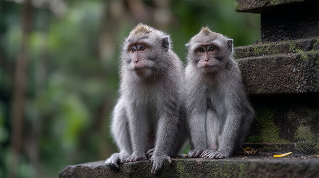Two adorable Balinese long-tailed macaques sitting on a mossy stone wall