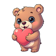 Naklejka premium Cute brown cartoon teddy bear holding a pink heart, adorable character for Valentine's Day and love concepts