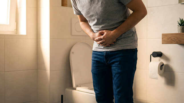Man experiencing urgent stomach pain or digestive issues in a modern bathroom, next to a toilet. Health concept