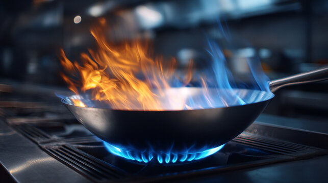 A large frying pan on fire with blue and orange flames rising
