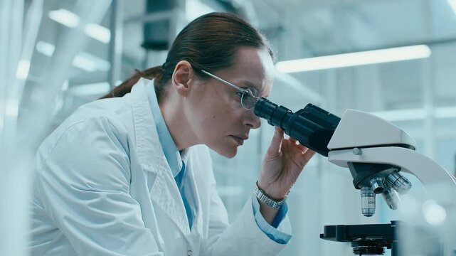 Focused female scientist conducting detailed research using laboratory microscope, adjusting magnification and carefully observing specimen