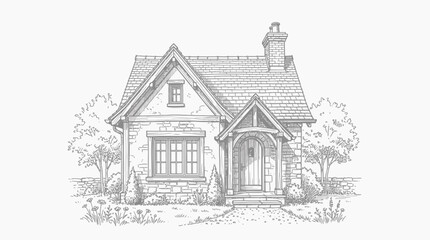Obraz premium Detailed pencil sketch of a charming traditional cottage house with landscaping.