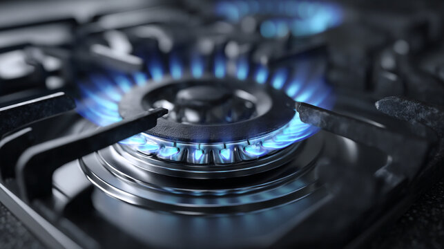 A close-up view of a lit gas stove burner with blue flames