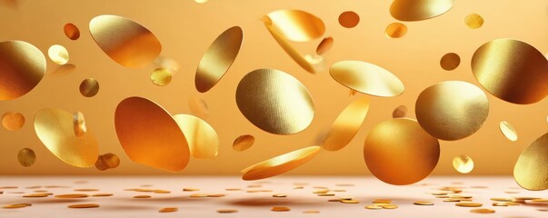 Fototapeta premium Golden confetti falling over warm yellow background for festive celebration and party design