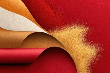 Fototapeta premium Red paper and gold glitter decoration with textured festive background and curled layers
