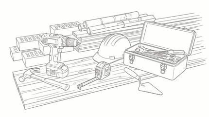 Fototapeta premium An assortment of construction tools and building materials including bricks, blueprints, a drill, hammer, and hard hat on wooden planks.