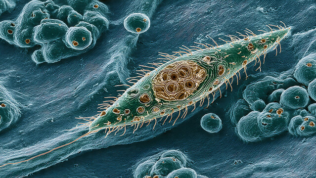 Microscopic Study of Paramecium Showing Cilia and Nucleus in Fluid Environment, Diagonal View