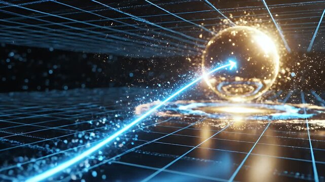 A glowing orb with a blue trajectory amidst a grid, hinting at data flow in a dark space