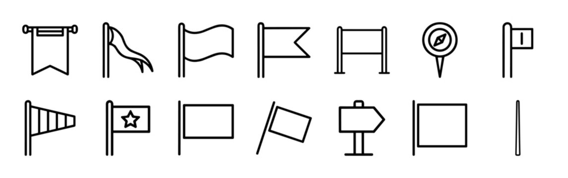 Navigational Flag and Signaling System Outline Icons Featuring Ultra Minimalist Monoline Geometric Shapes for Professional Interface Design