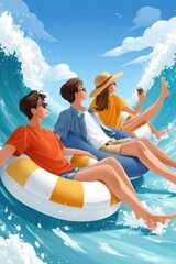 Obraz premium Three friends tubing on inflatable rings riding ocean waves on a sunny summer day