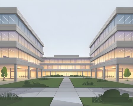 Modern multi story building with central courtyard and landscaped grounds at dusk