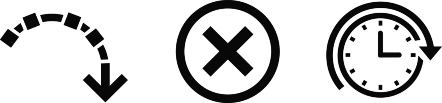 Arrow, cancel and time icons set, countdown, close symbol, deadline reminder concept, user interface elements, flat vector illustration