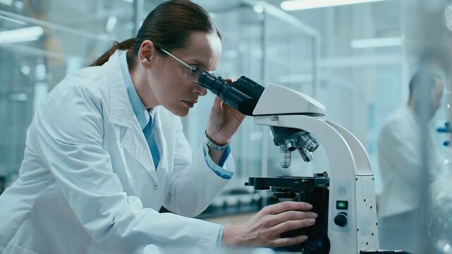 Professional female scientist adjusting microscope while conducting laboratory research, focusing on detailed specimen analysis. Tilt up shot