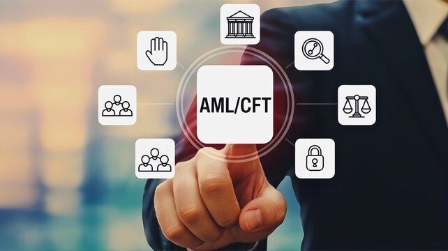 Concept of AML/CFT illustrated by businessman touching screen with icons representing compliance, regulation, and risk management