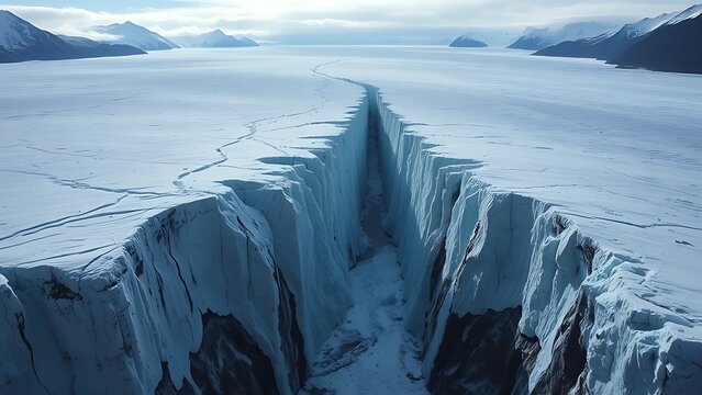 monopole. A vast glacier with a deep, dark crevasse splitting its surface, cold blue and white tones. travel magazines, destination branding, designed for outdoor magazines and nature guides.