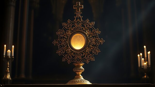 monstrance. Ornate gold and jeweled monstrance on altar, glowing from candlelight. event programs, museum guides, designed for cultural heritage projects and event programs.