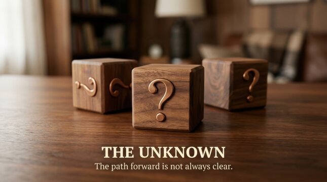 Three wooden cubes with question marks symbolizing the unknown and uncertainty, inviting curiosity.