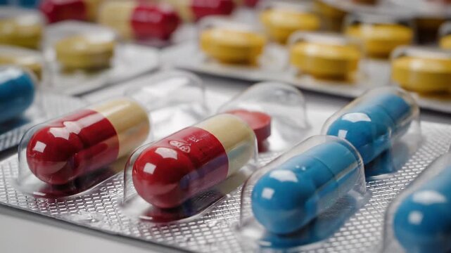 Numerous blisters with multicolored pills and tablets rotating on a white background, symbolizing healthcare, pharmaceutical industry