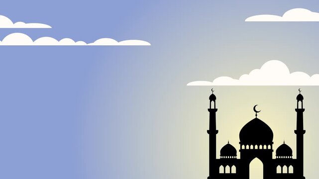 Islamic Mosque Silhouette Animation on Sky Background with Moving Clouds for Ramadan and Eid Mubarak Celebration