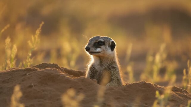 Dwarf Mongoose Peeking from Burrow in Golden Sunset Light