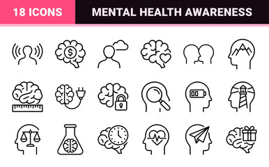 Obraz premium Cognitive Science and Psychology Monoline Icons for Mental Health Awareness, Neurological Research, and Artificial Intelligence Systems.