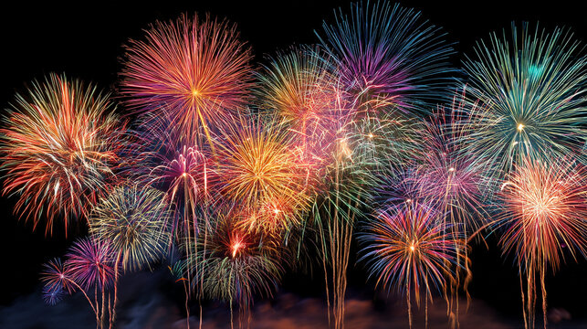 Bright and colorful fireworks exploding in the night sky during celebration