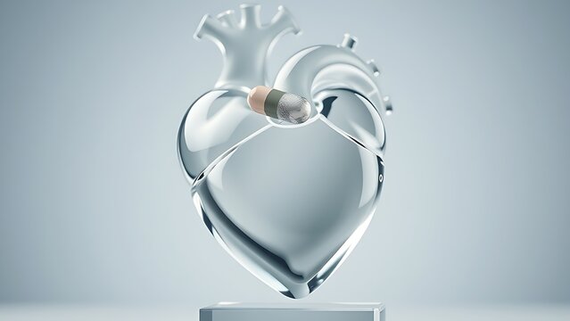 statin. An abstract glass sculpture of a human heart, with a single statin pill balanced on its top. event programs, museum guides, designed for cultural heritage projects and event programs.