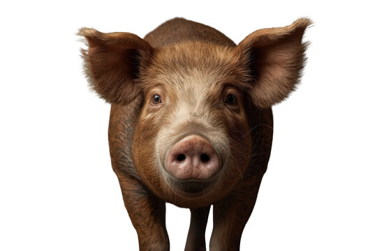 Brown pig portrait looking forward, domestic livestock animal with a pink snout and prominent ears, transparent background